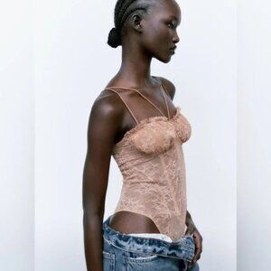 Zara Nude Lace Ruched Bust Ruffle Trim Strappy Semi-Sheer Bodysuit XS NWT